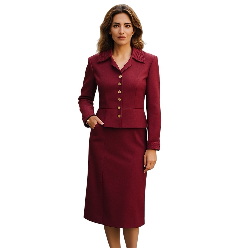 VINTAGE 50s PRINCIPLES Suit & Skirt Burgundy Set Quilted Collar size 12 V-Neck‎